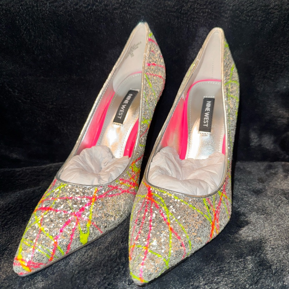 Nine West Silver Glitter Pointed Pumps with Pink & Green Accents